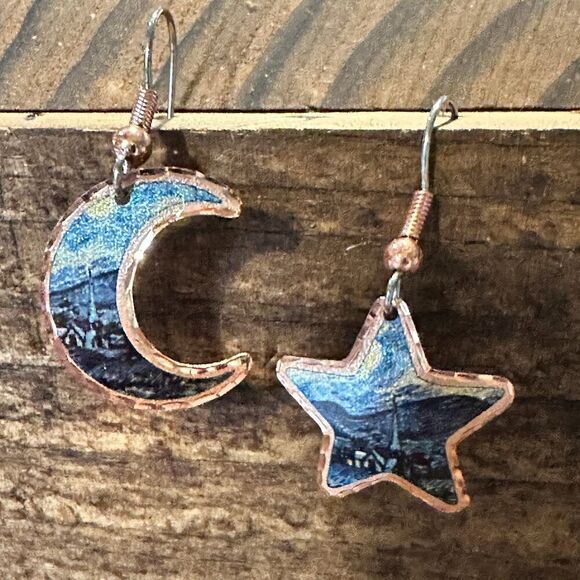 Handmade Boho Copper Earrings, Diamond Cut Van Gogh Starry Night Moon & Star Ea - Picture 1 of 9